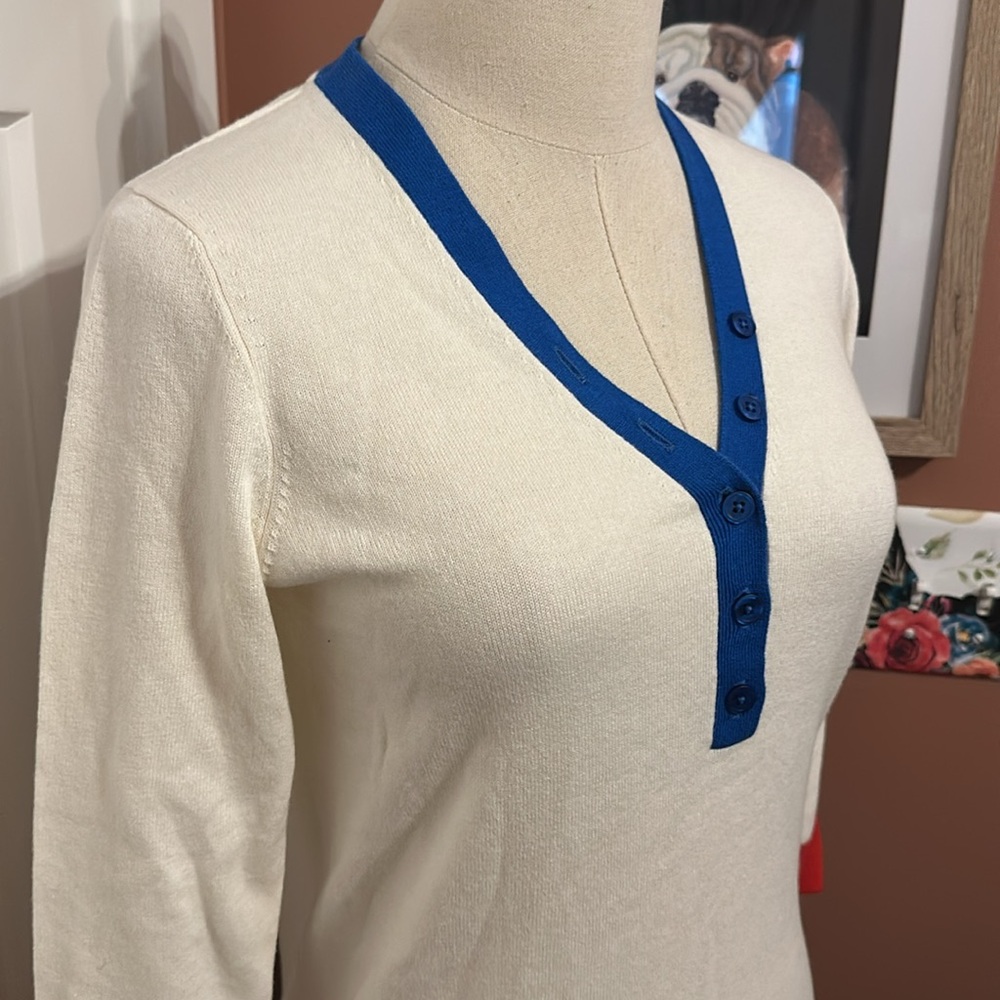 Boden winter white red blue 3/4 sleeves cotton wool fitted deep vneck 2 sweater - Picture 5 of 15